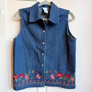 Boho Floral Embroidered Denim Vest Women's M/10 Blue Button Front